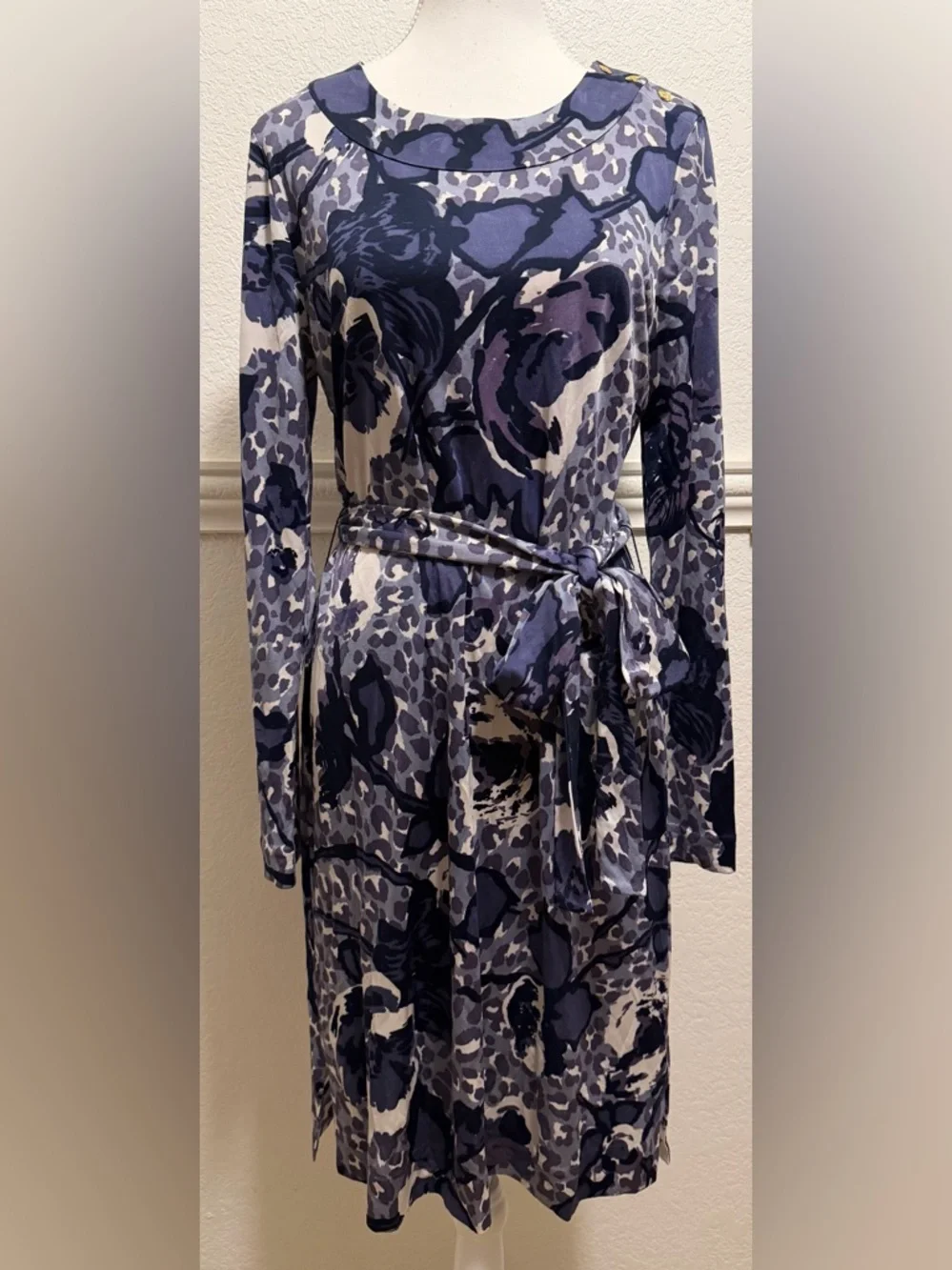 Tory Burch Cory Blue Floral & Animal Print Tie-Waist Silk Dress